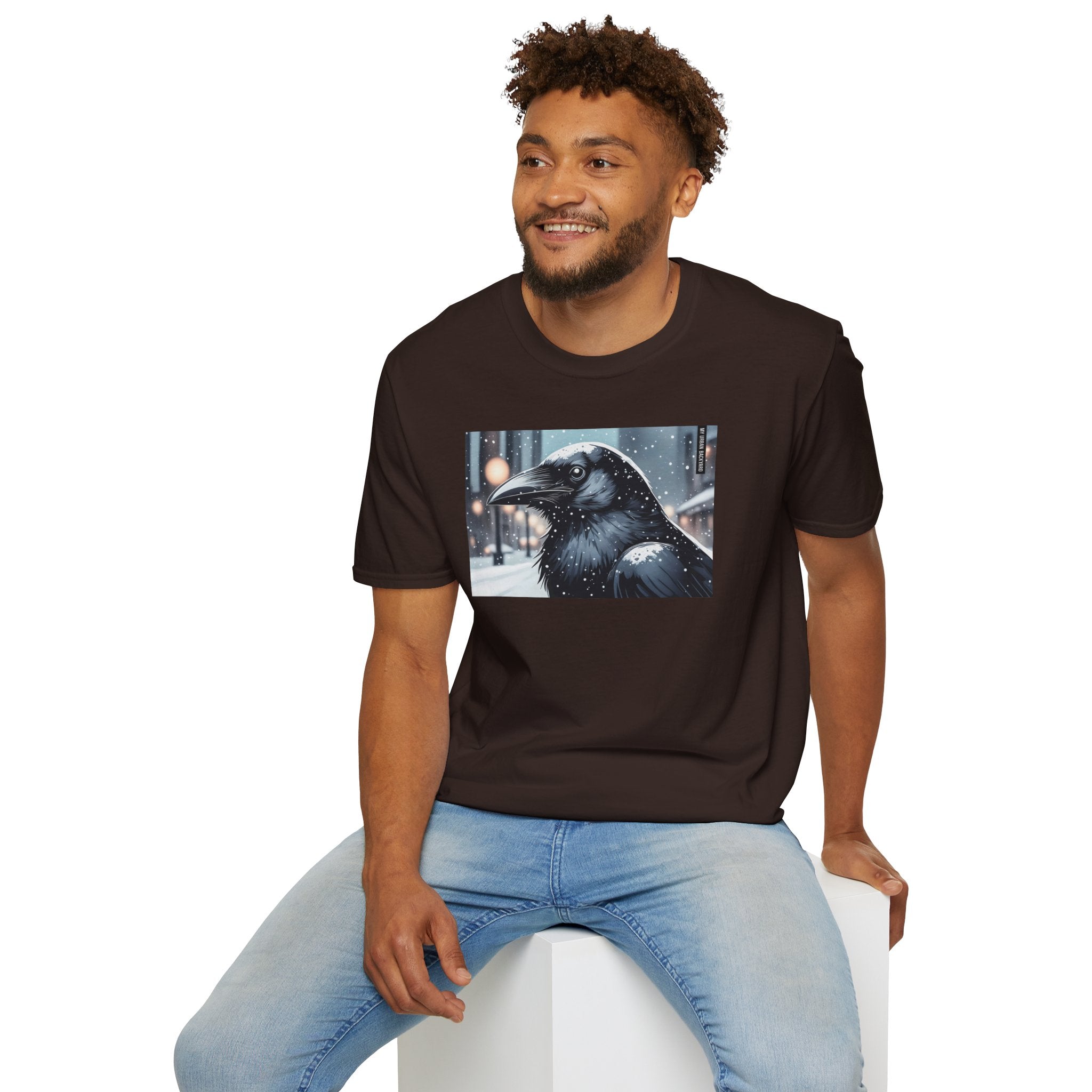 Urban Crow In Falling Snow T-Shirt — Winter Crow Graphic Tee