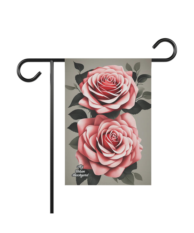 Two Pink Rose Flowers, Garden Flag for Yard, Patio, Porch, or Work, 12"x18" - Flag only