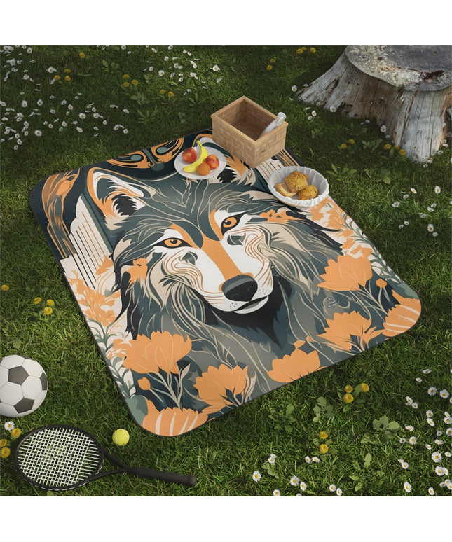Art Deco Wolf, Cozy Outdoor Picnic Blanket, Water-Resistant Bottom, 51" × 61"
