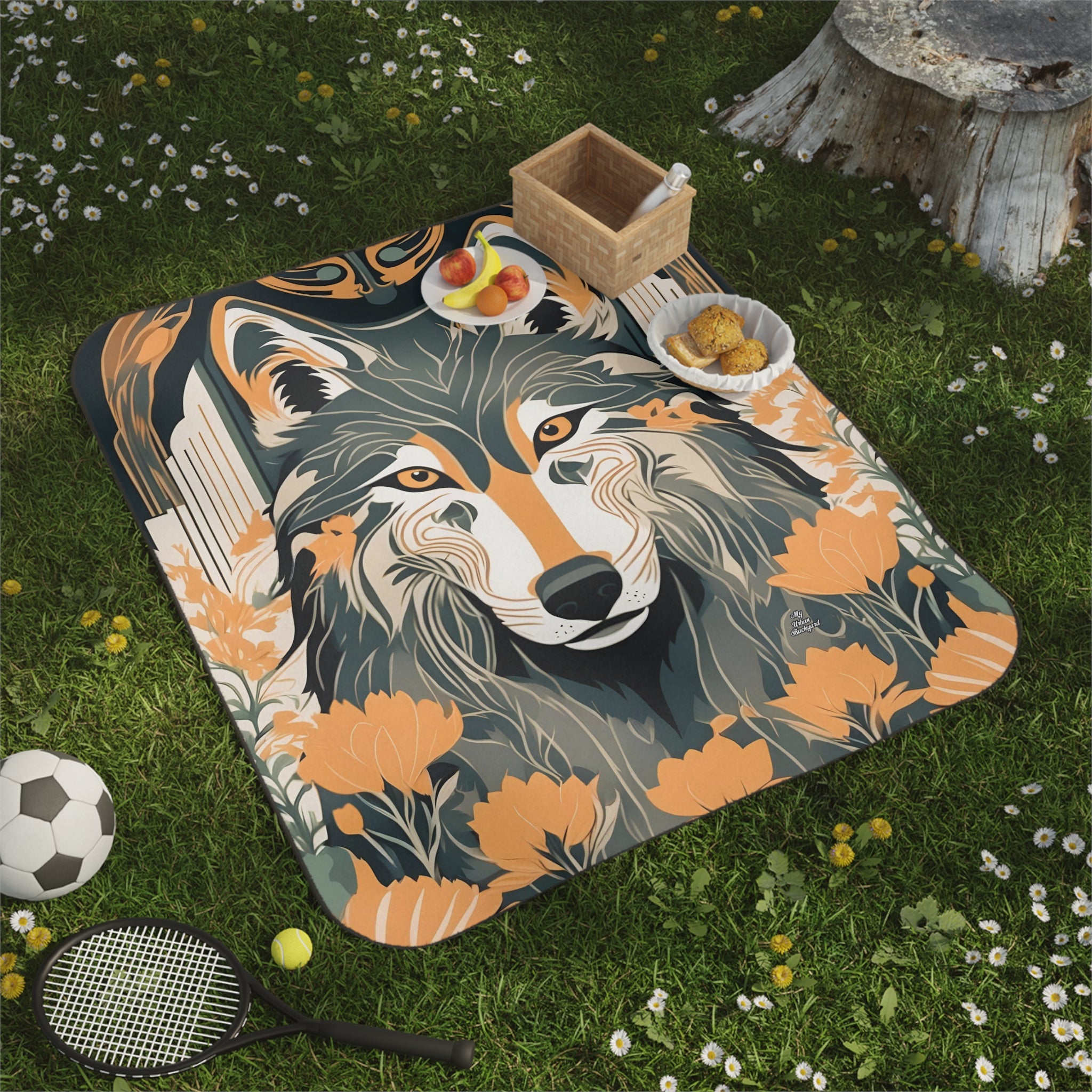 Art Deco Wolf, Cozy Outdoor Picnic Blanket, Water-Resistant Bottom, 51" × 61"
