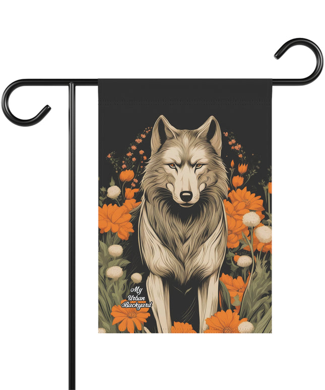Wolf with Flowers, Garden Flag for Yard, Patio, Porch, or Work, 12"x18" - Flag only