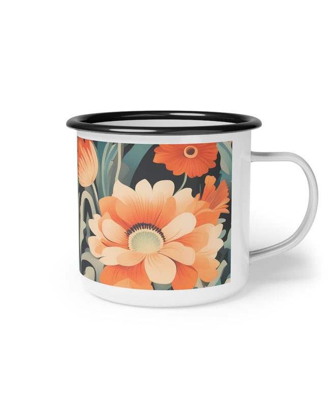 Orange and White Flowers, Enamel Camping Mug for Coffee, Tea, Cocoa, or Cereal - 12oz