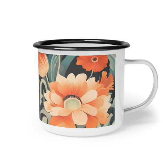 Orange and White Flowers, Enamel Camping Mug for Coffee, Tea, Cocoa, or Cereal - 12oz