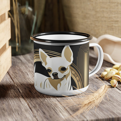 White Chihuahua, Enamel Camping Mug for Coffee, Tea, Cocoa, or Cereal - 12oz