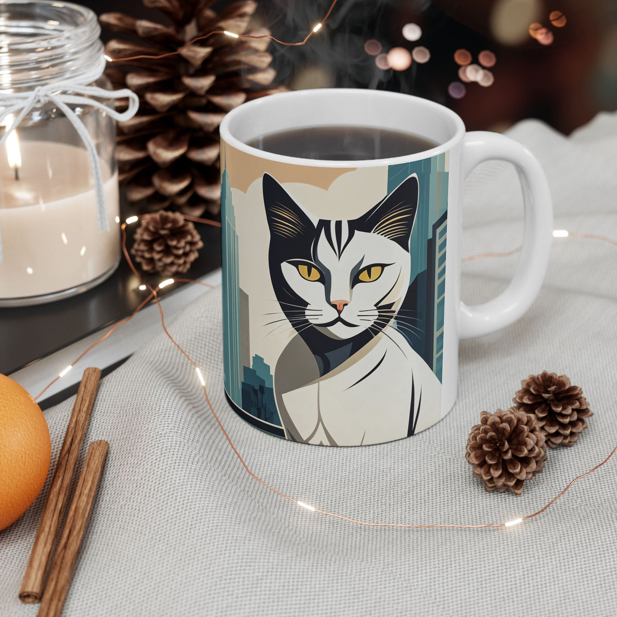 Art Deco Urban Cat Ceramic Mug