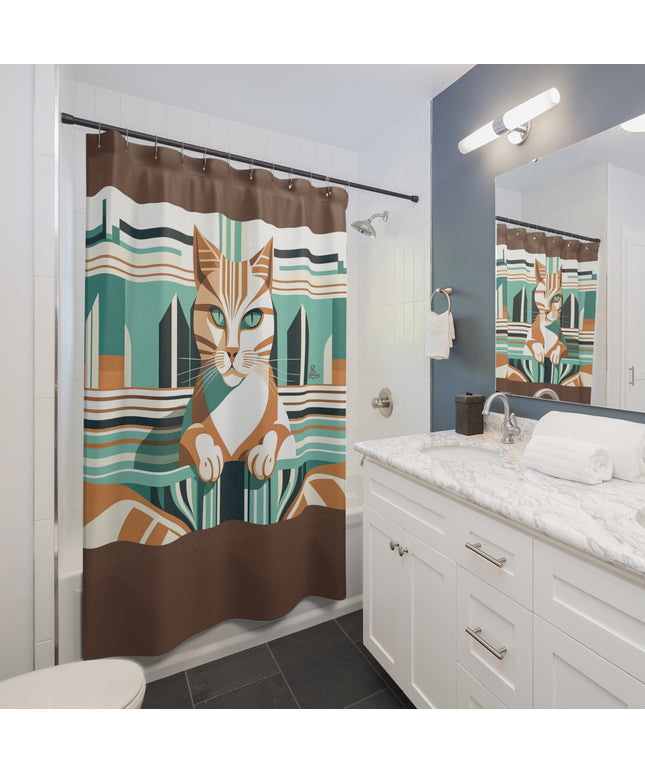 Art Deco Tabby, Shower Curtain, Sable accent color - 71" x 74"