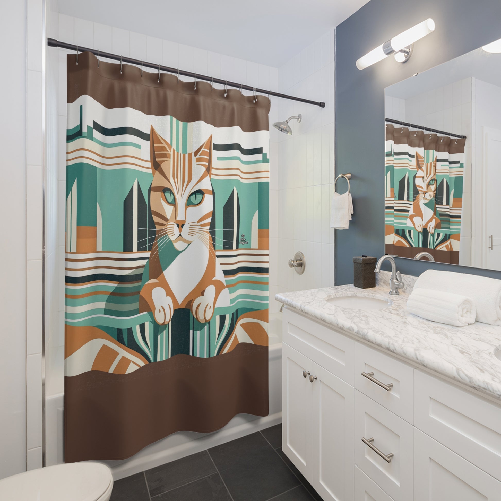 Art Deco Tabby Cat, Shower Curtain, Sable accent color - 71" x 74"