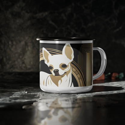 White Chihuahua, Enamel Camping Mug for Coffee, Tea, Cocoa, or Cereal - 12oz