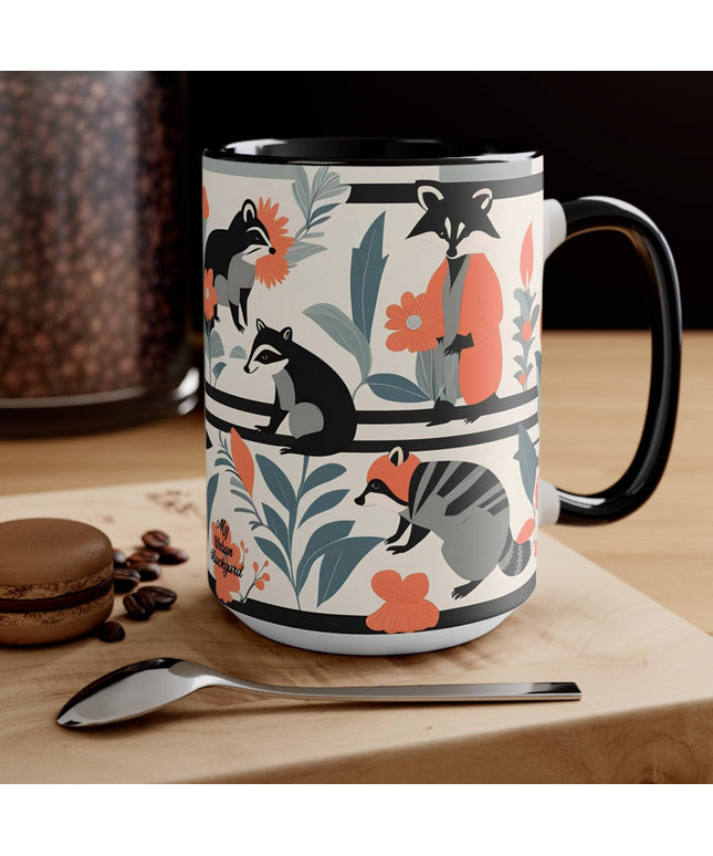 Ceramic Mug for Coffee, Tea, Hot Cocoa. Home/Office, Raccoon Mural w Pastel Flowers