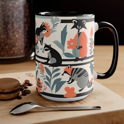 Ceramic Mug for Coffee, Tea, Hot Cocoa. Home/Office, Raccoon Mural w Pastel Flowers