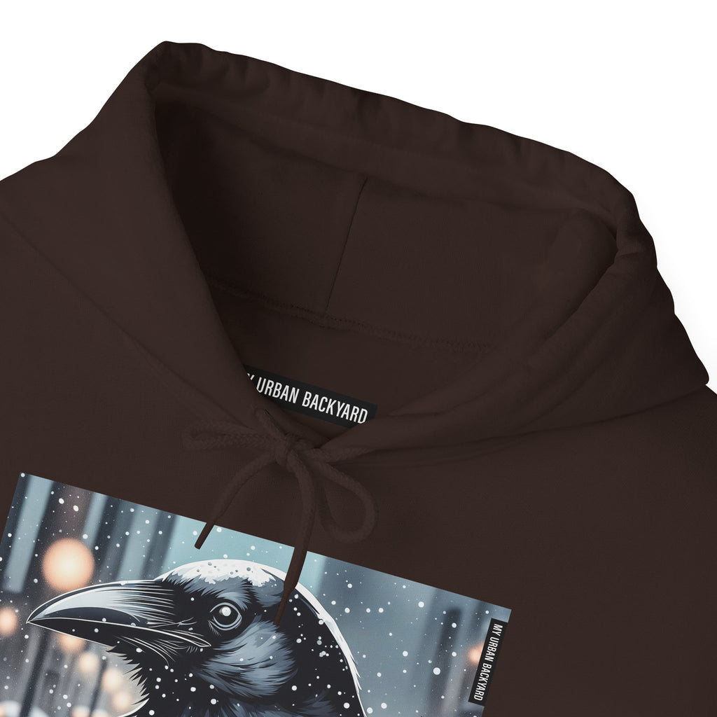 Urban Crow In Falling Snow Hoodie — Comfy Winter Graphic Hoodie