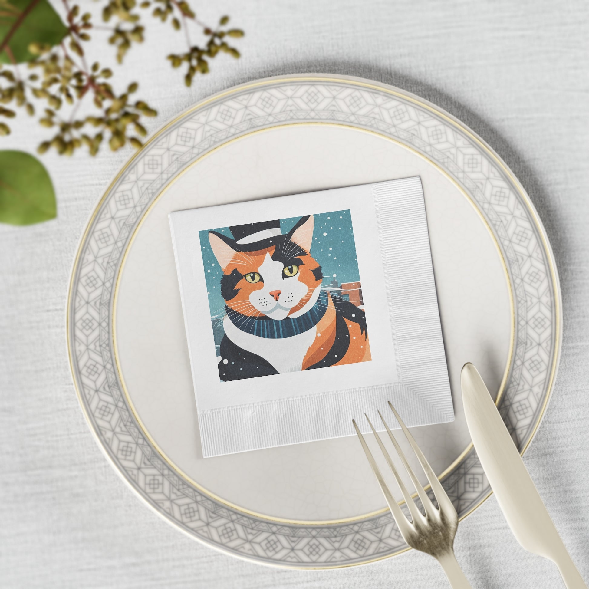 Winter Calico Cat Cocktail Napkins — Festive Cat Napkins for Holiday Parties, 2 sizes, Pack of 50 or 100