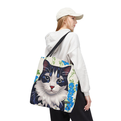 Cat and Blue Flowers Tote Bag