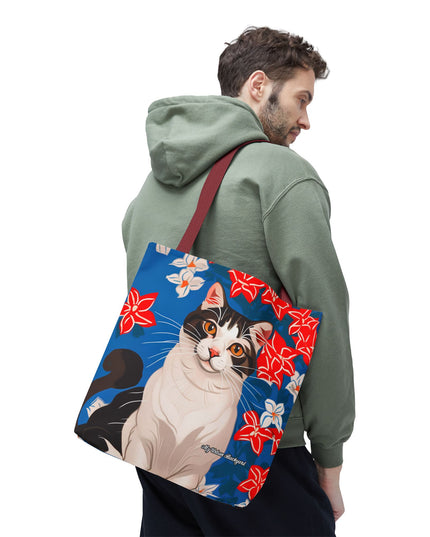 Cat and Red White & Blue Flowers Tote Bag with Cotton Handles For Everyday Use, 3 Sizes