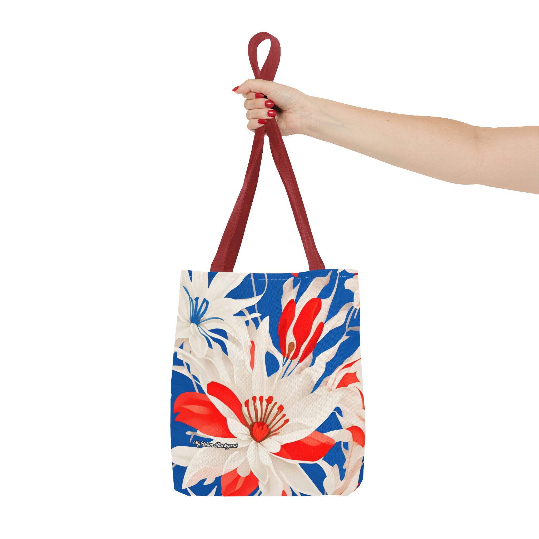 Red White & Blue Flowers Tote Bag with Cotton Handles For Everyday Use, 3 Sizes