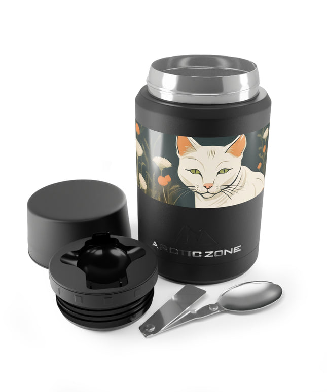 Green-Eyed Cat with Flowers, Reusable Insulated Food Storage Container with Spoon – 16.9oz