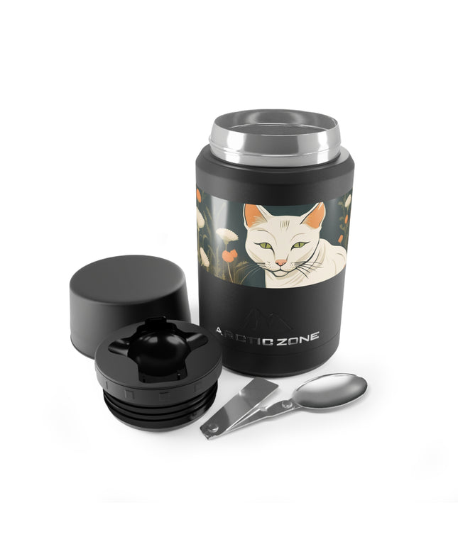 Green-Eyed Cat with Flowers, Reusable Insulated Food Storage Container with Spoon – 16.9oz