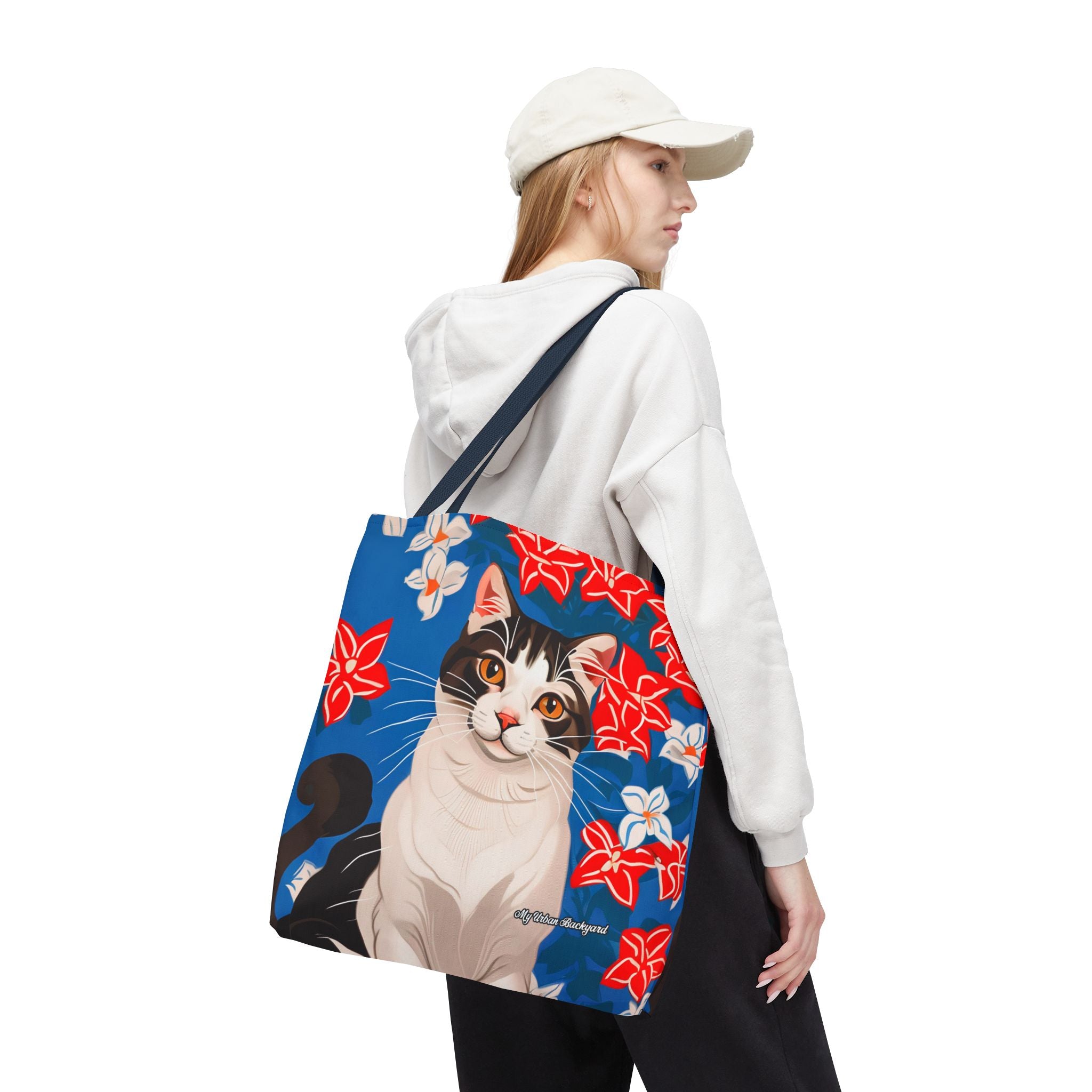 Cat with Red and White Flowers, Tote Bag with Cotton Handles For Everyday Use, 3 Sizes