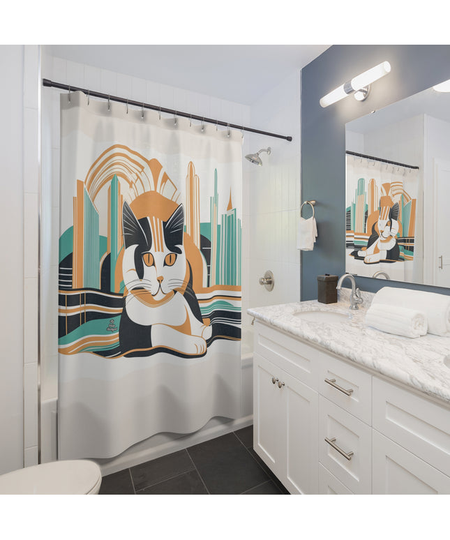 Art Deco Cat, Shower Curtain, Cream accent color - 71" x 74"