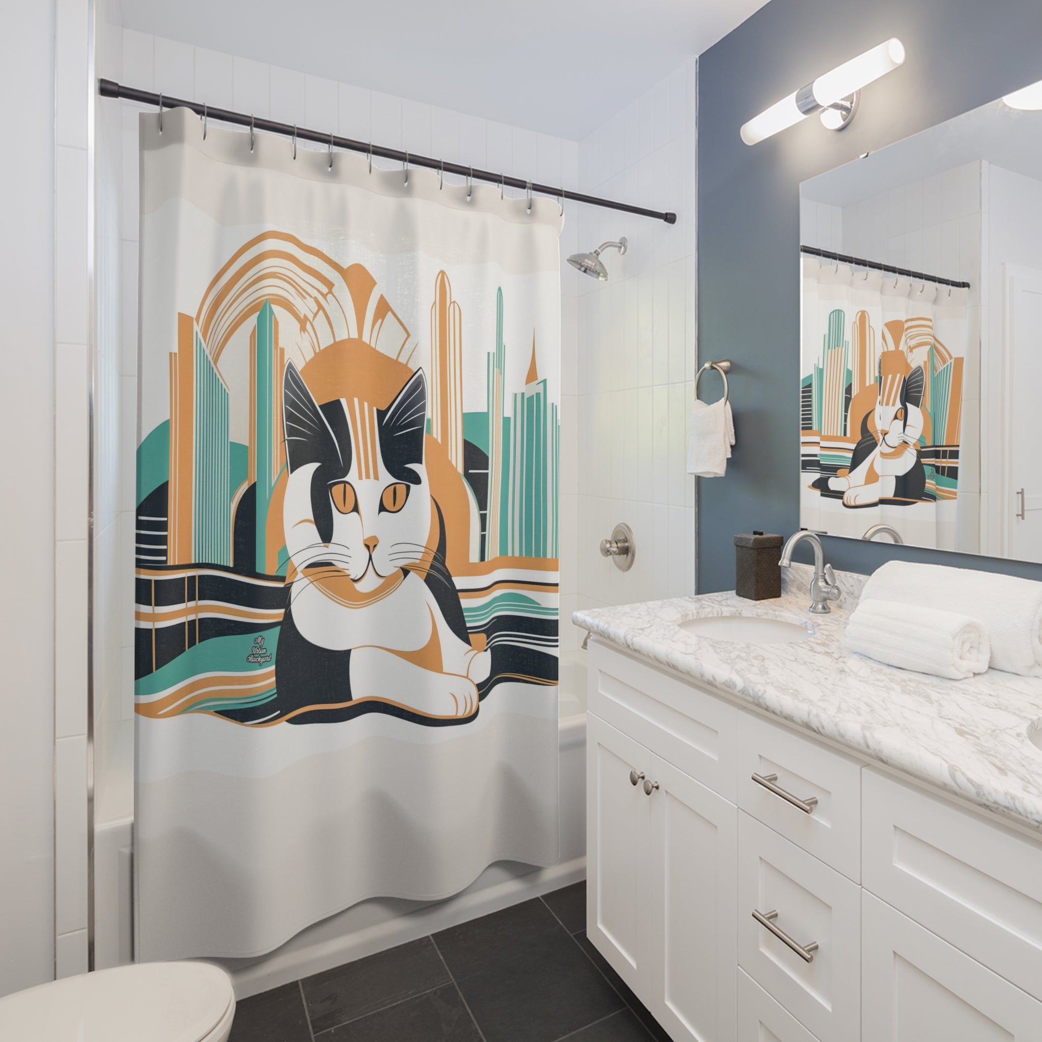 Cream Shower Curtain with Art Deco Cat - 71" x 74"