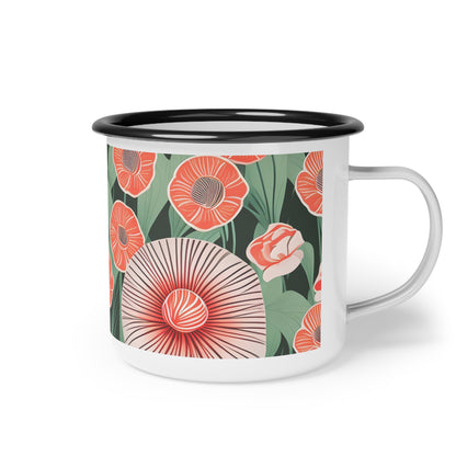 Red Art Deco Flowers, Enamel Camping Mug for Coffee, Tea, Cocoa, or Cereal - 12oz