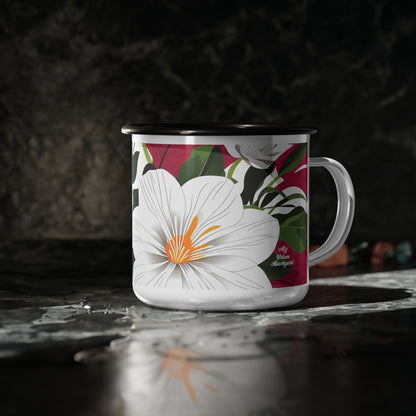 12oz Enamel Camping Mug for Coffee, Tea, Hot Cocoa, or Cereal - White Flowers on Red