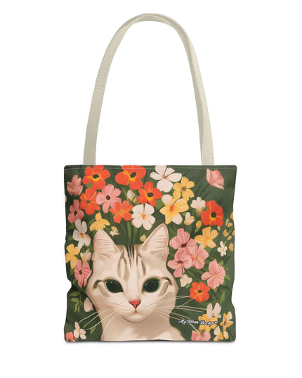 White Cat with Flowers Tote Bag with Cotton Handles For Everyday Use, 3 Sizes