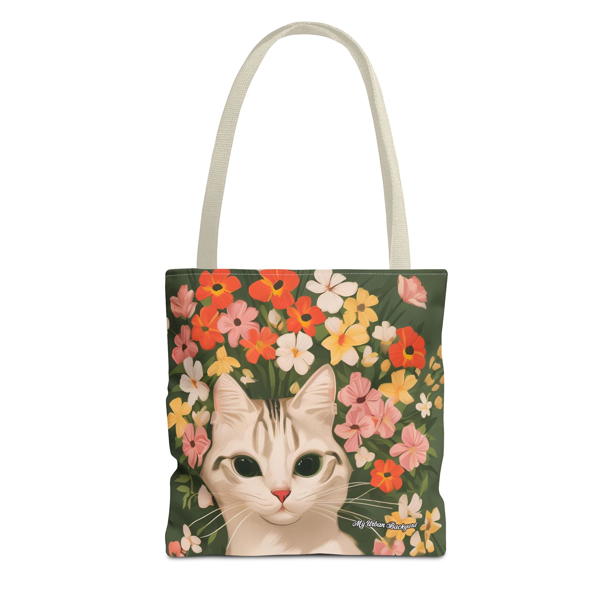 White Cat with Flowers Tote Bag with Cotton Handles For Everyday Use, 3 Sizes
