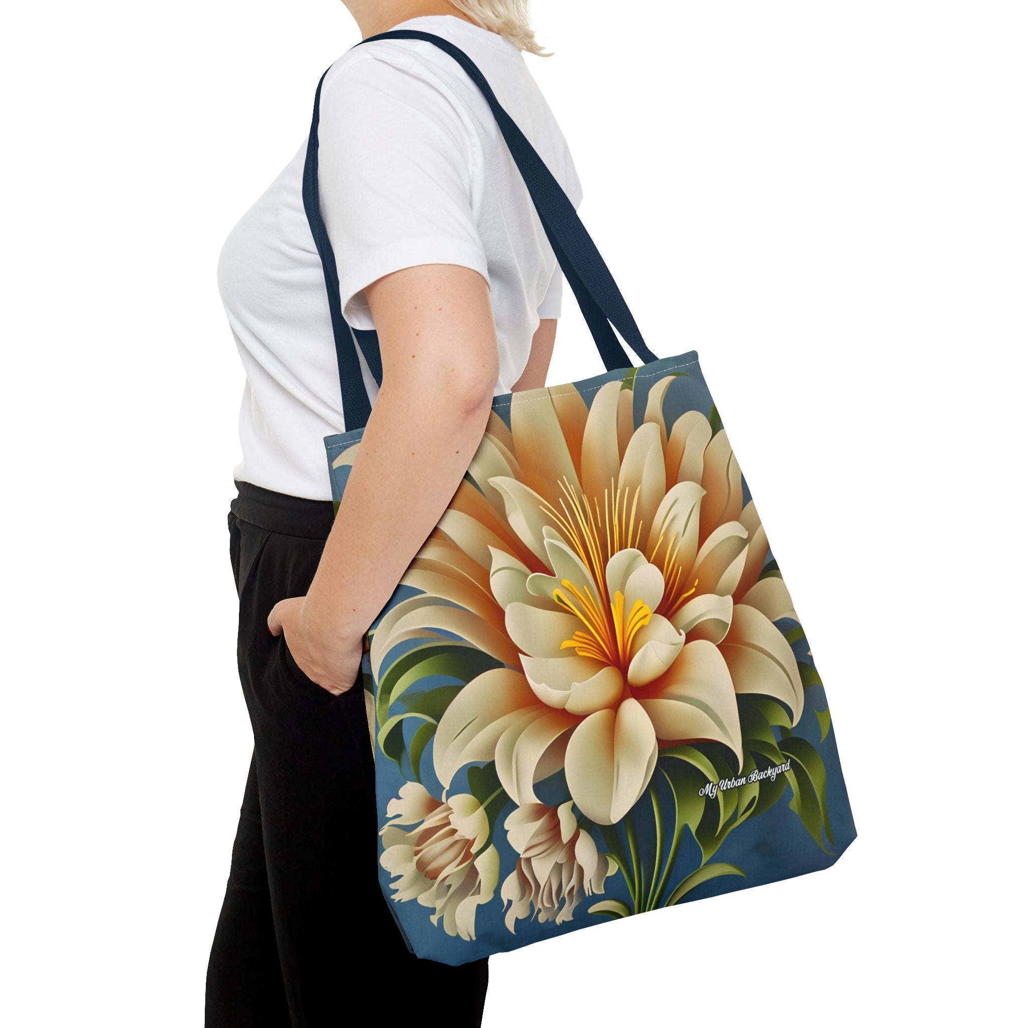 Large White Flower Tote Bag with Cotton Handles For Everyday Use, 3 Sizes