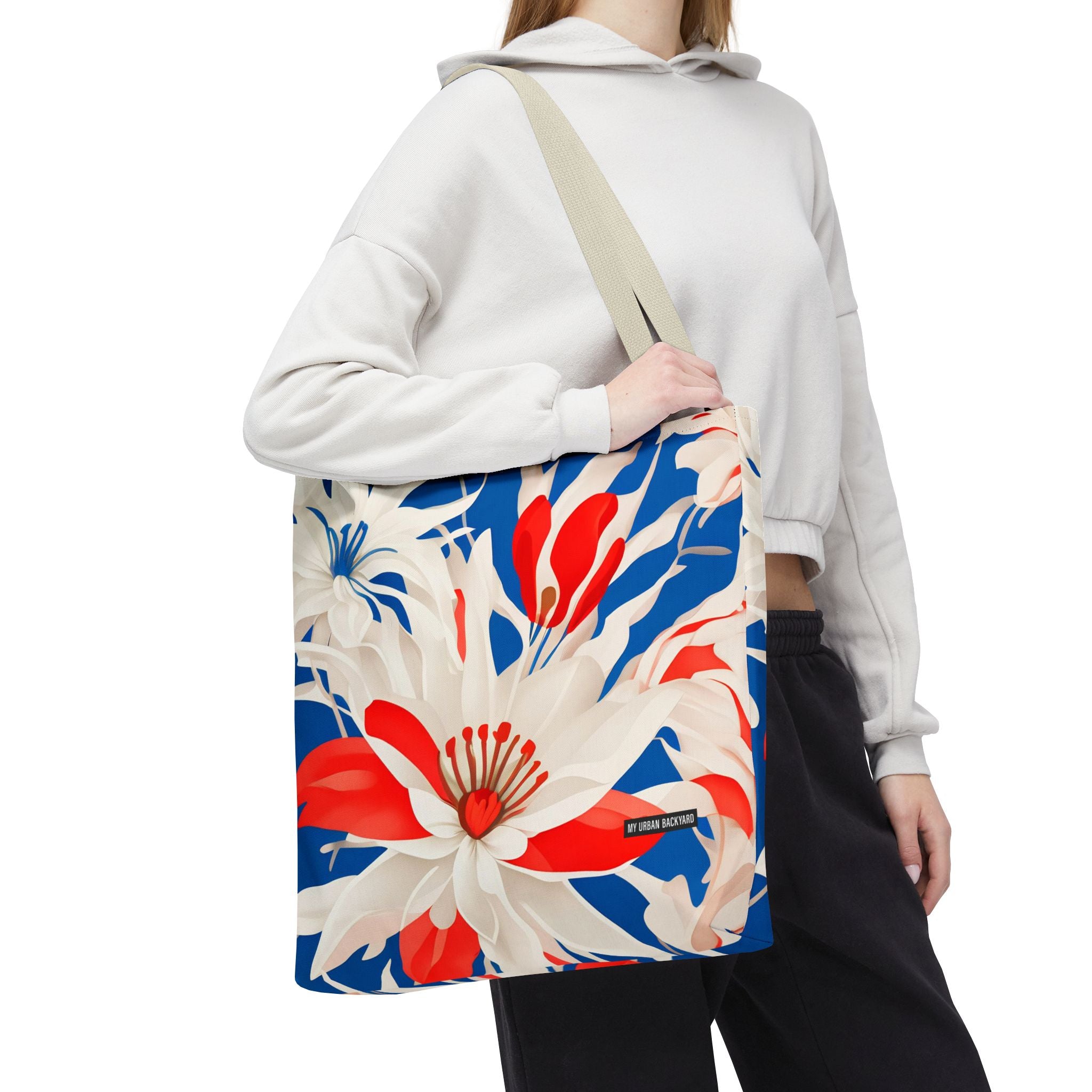 Red, White & Blue Flowers, Everyday Tote Bag w Cotton Handles