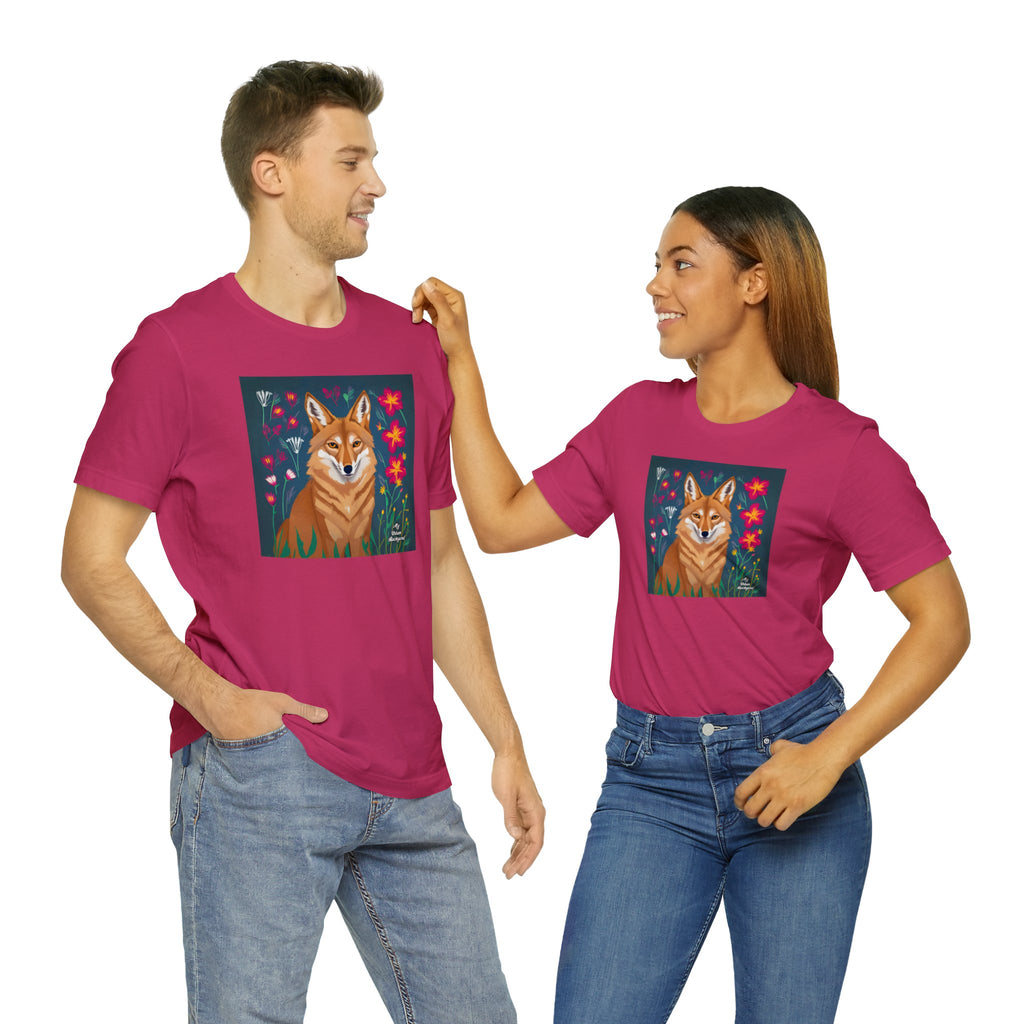 Coyote w Red Flowers, Soft 100% Jersey Cotton T-Shirt, Unisex, Short Sleeve, Retail Fit