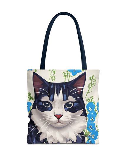 Cat and Blue Flowers Tote Bag with Cotton Handles For Everyday Use, 3 Sizes
