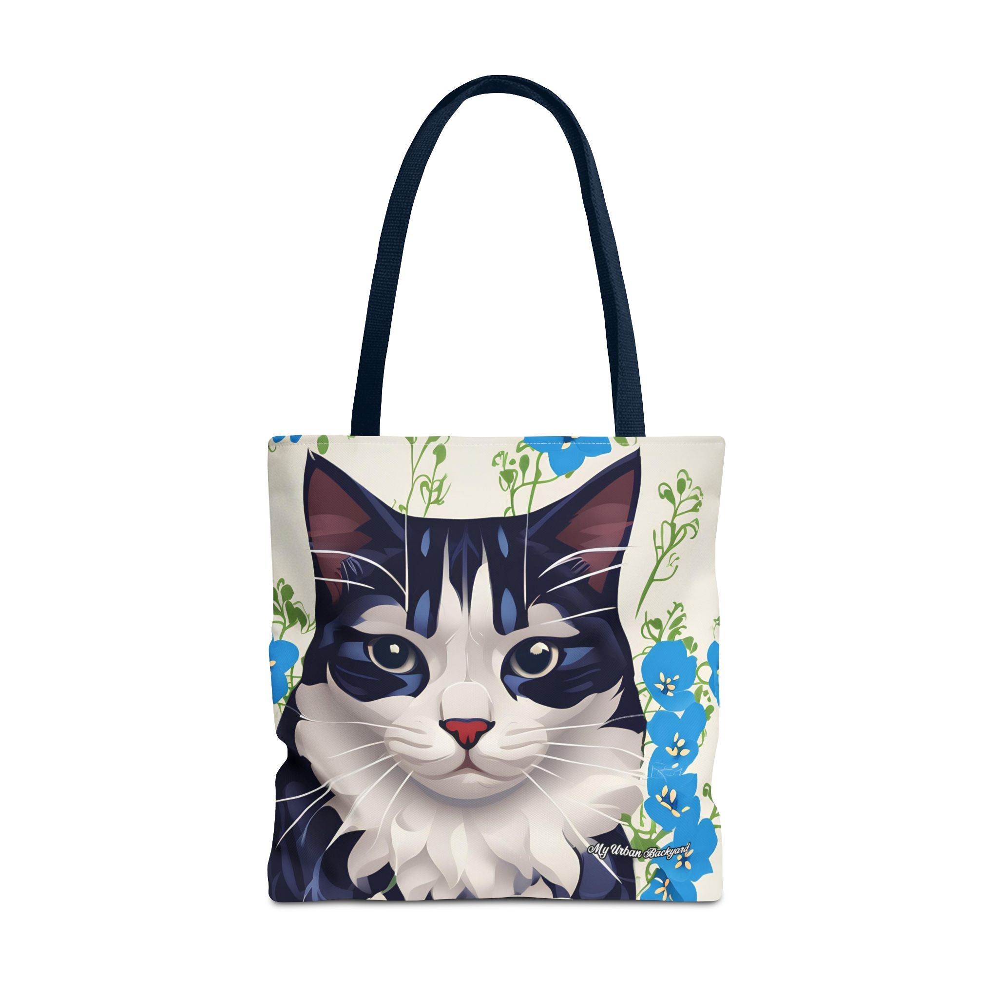 Cat and Blue Flowers Tote Bag with Cotton Handles For Everyday Use, 3 Sizes