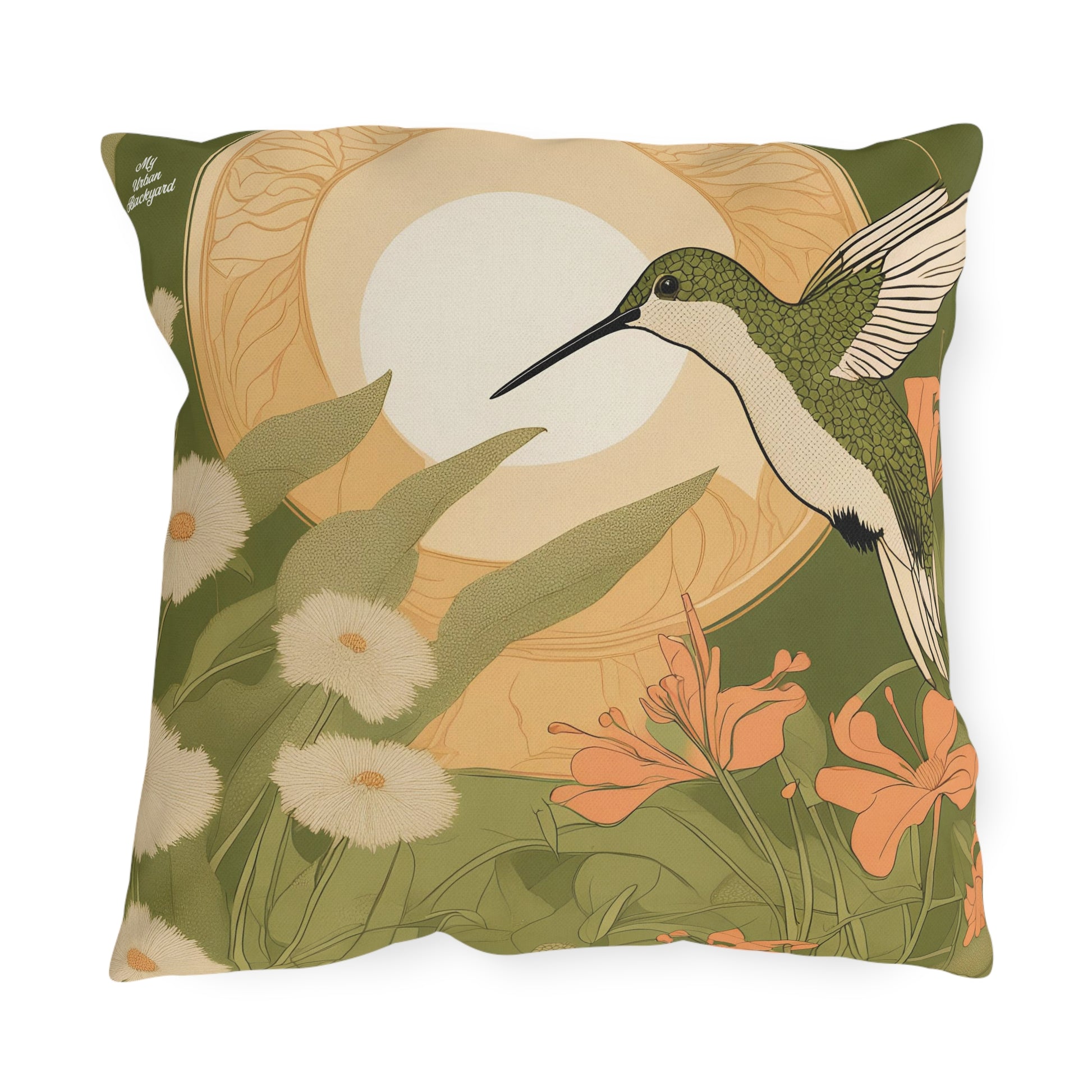 Green Hummingbird w Flowers, Taupe accent color, Throw Pillow, Indoor/Outdoor Decor for Home or Office