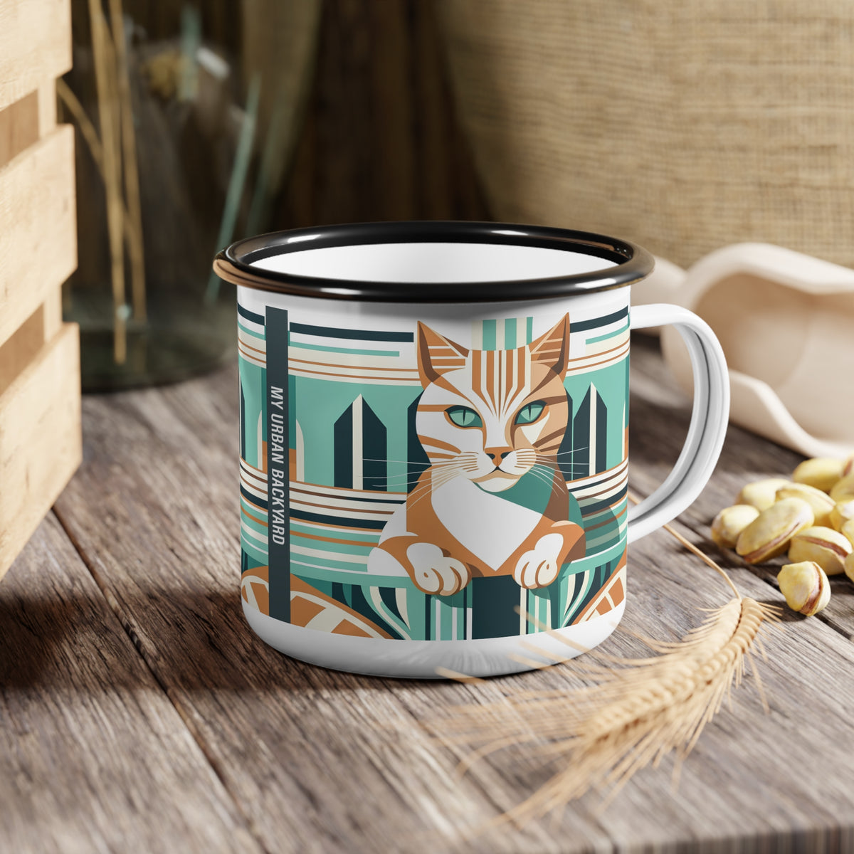Terracotta & Teal Tabby Enamel Mug — 12 oz