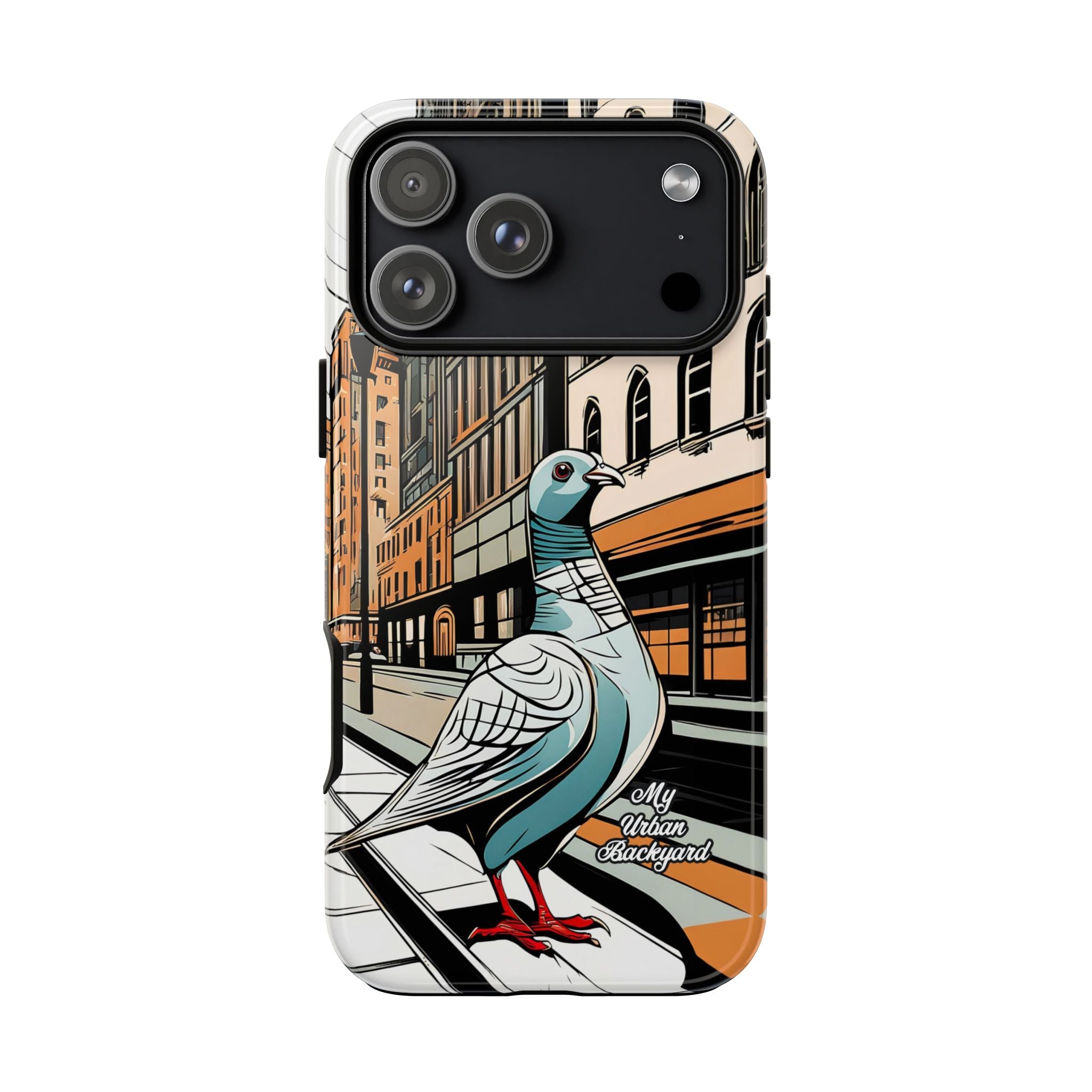 Phone case with a pigeon design on a city street background