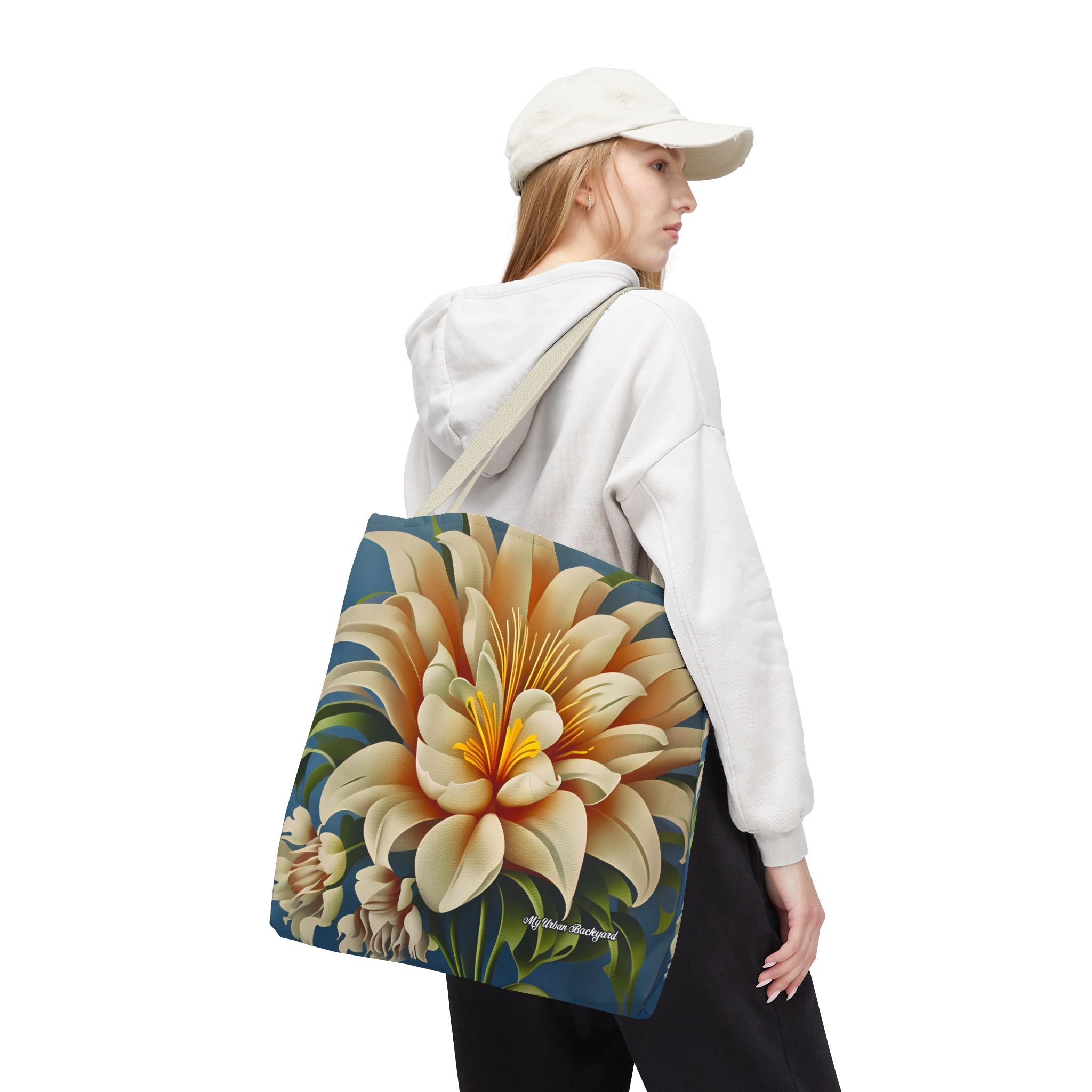 Large White Flower Tote Bag with Cotton Handles For Everyday Use, 3 Sizes