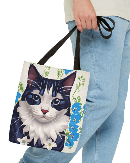 Cat and Blue Flowers Tote Bag with Cotton Handles For Everyday Use, 3 Sizes