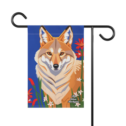 Coyote and Red Flowers, Garden Flag for Yard, Patio, Porch, or Work, 12"x18" - Flag only