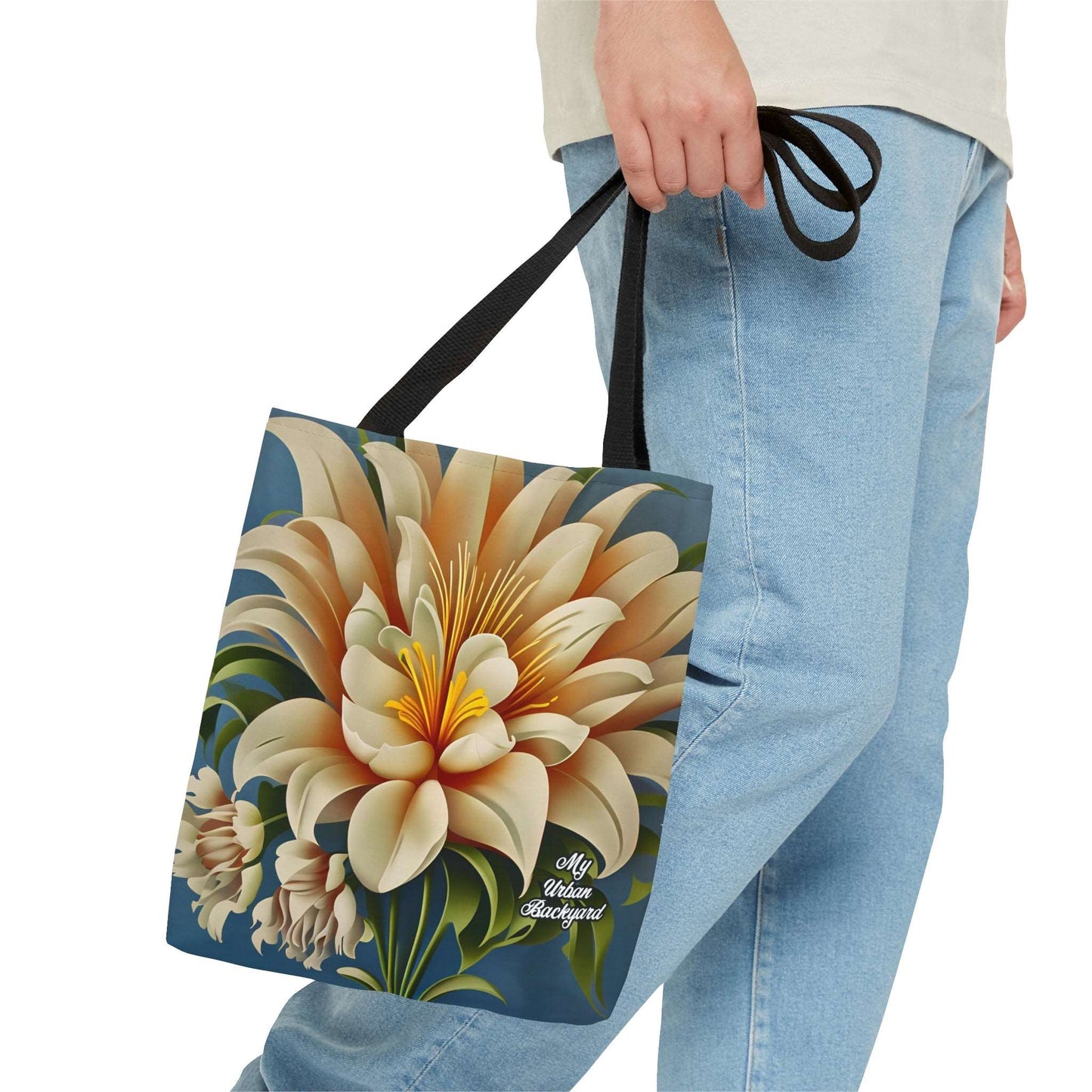 Everyday Tote Bag w Cotton Handles, Reusable Shoulder Bag, Large White Flower