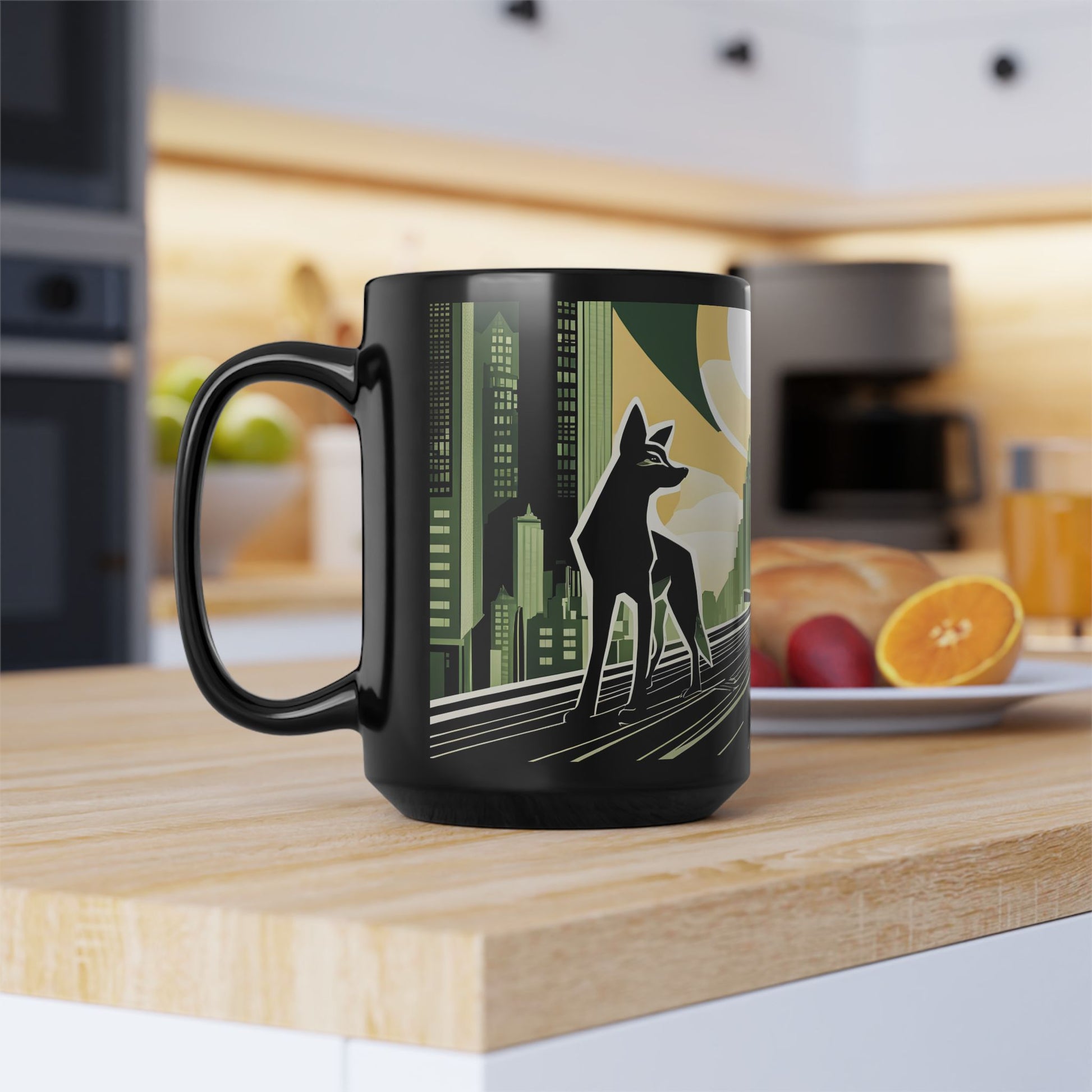 Art Deco Coyote Mug, Unique 11oz/15oz Black Coffee Cup, Retro Home Decor, Gift for Animal Lovers, Vintage Style, Perfect for Any Occasion