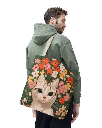 White Cat with Flowers Tote Bag with Cotton Handles For Everyday Use, 3 Sizes