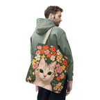 White Cat with Flowers Tote Bag with Cotton Handles For Everyday Use, 3 Sizes