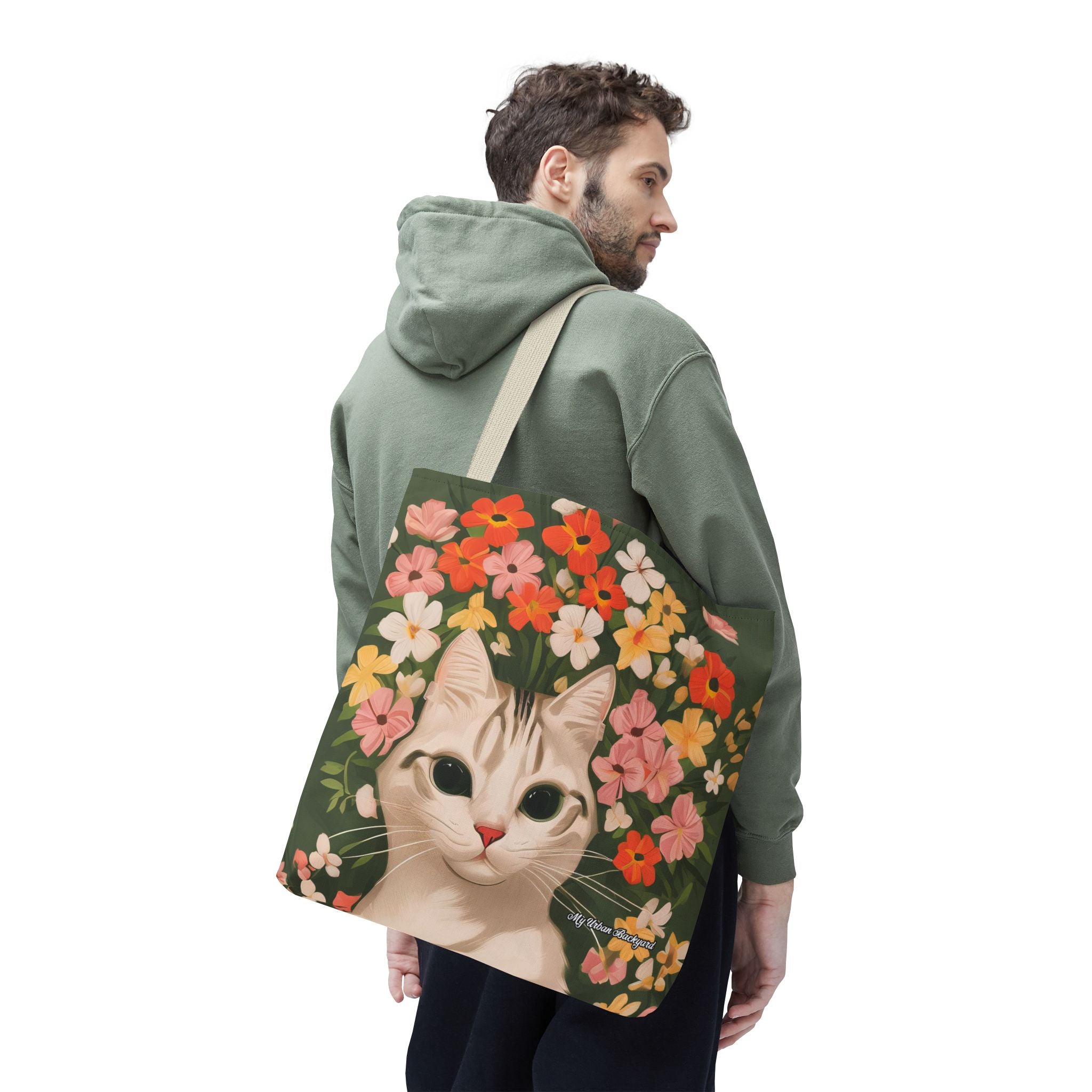 White Cat with Flowers Tote Bag with Cotton Handles For Everyday Use, 3 Sizes