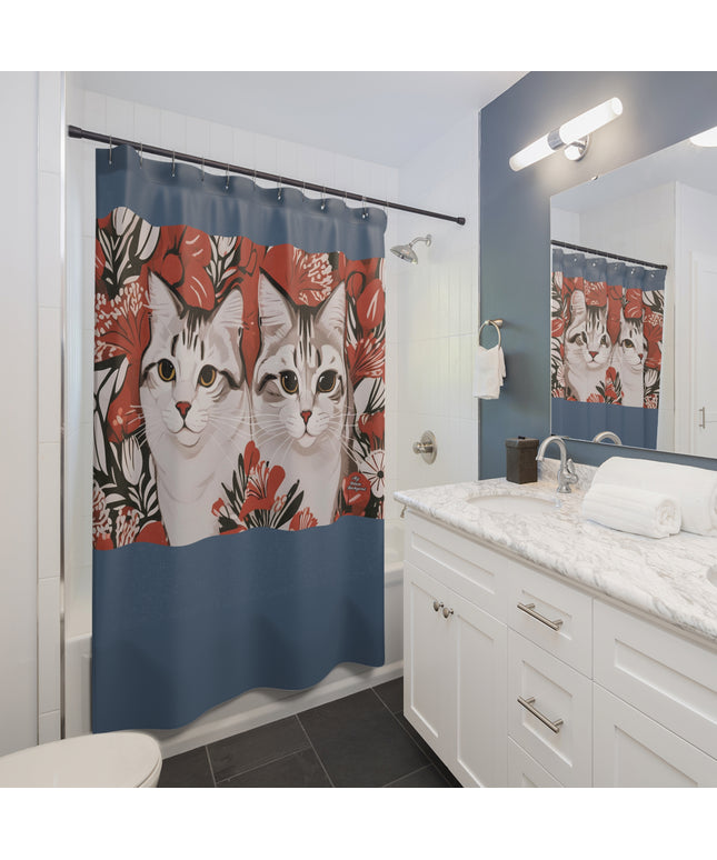 Tess & Jess Clawfield, Cat Shower Curtain, Blue accent color - 71" x 74"