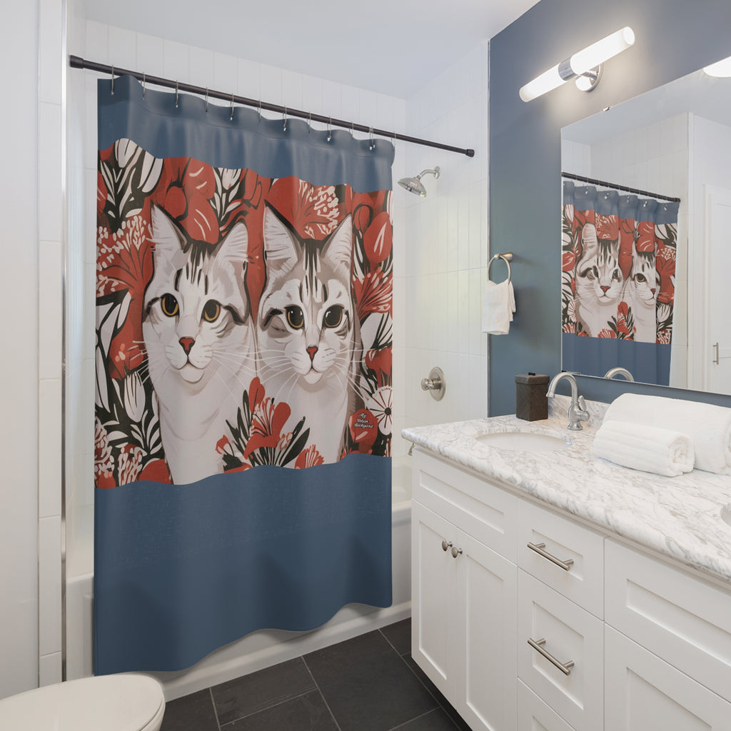 Tess & Jess Clawfield, Cat Shower Curtain, Blue accent color - 71" x 74"