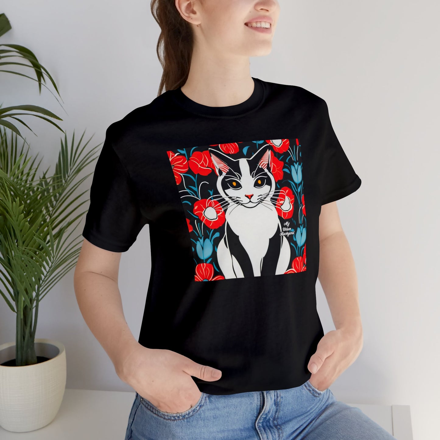Cat with Red Flowers, Soft 100% Jersey Cotton T-Shirt, Unisex, Short Sleeve, Retail Fit