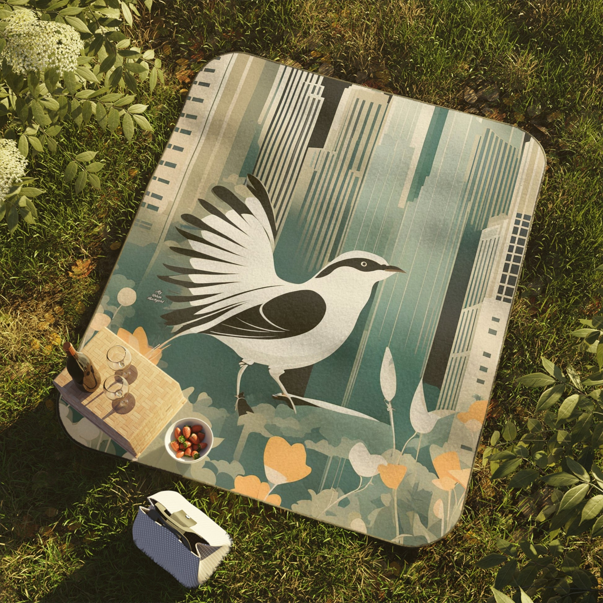 City Bird, Cozy Outdoor Picnic Blanket, Water-Resistant Bottom, 51" × 61"