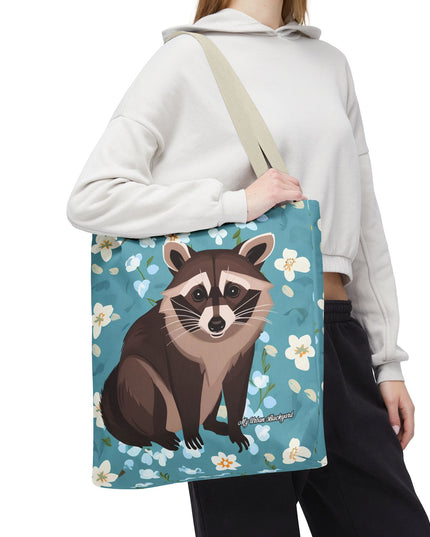Young Raccoon w Flowers Tote Bag with Cotton Handles For Everyday Use, 3 Sizes