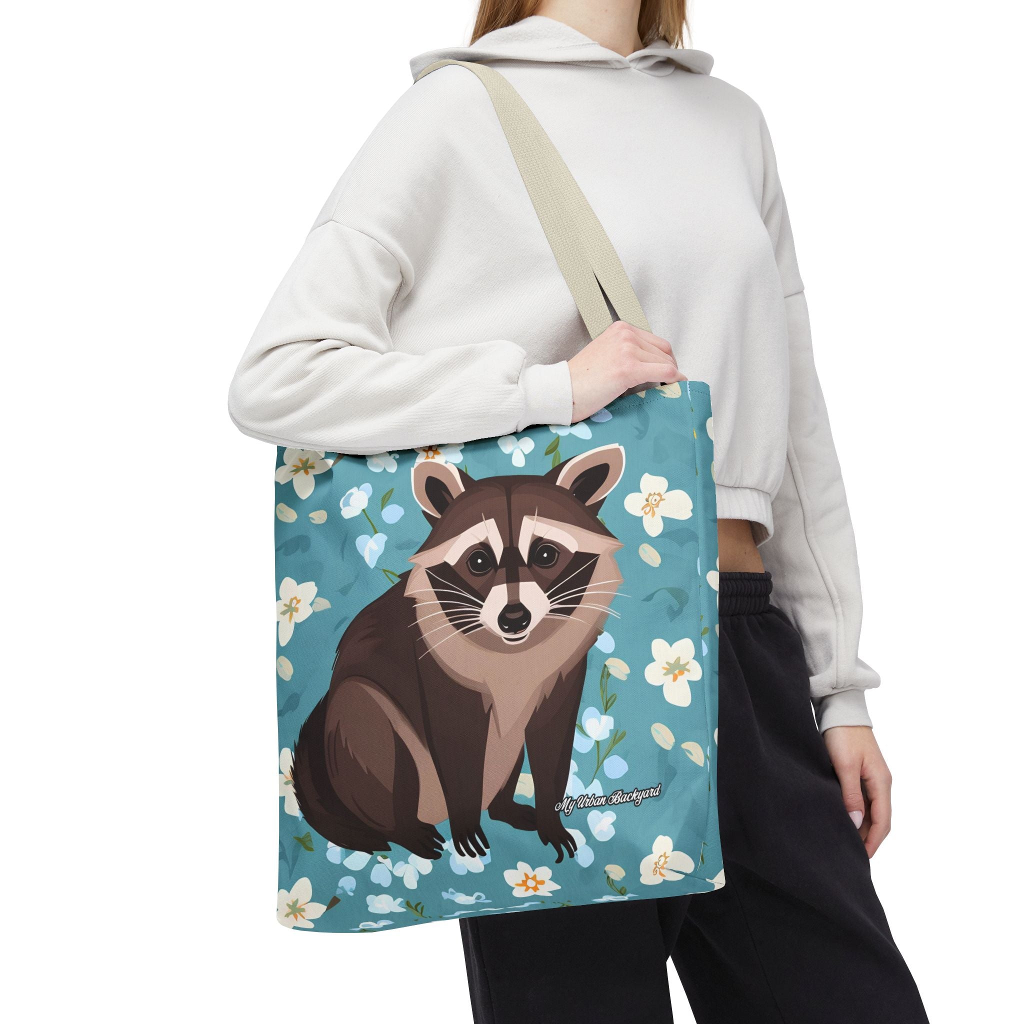Young Raccoon w Flowers Tote Bag with Cotton Handles For Everyday Use, 3 Sizes